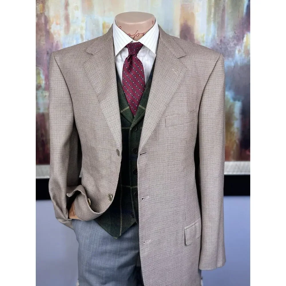 Brioni Nomentano Blazer 44L Cashmere Silk Cream Orange Houndstooth Sport Coat